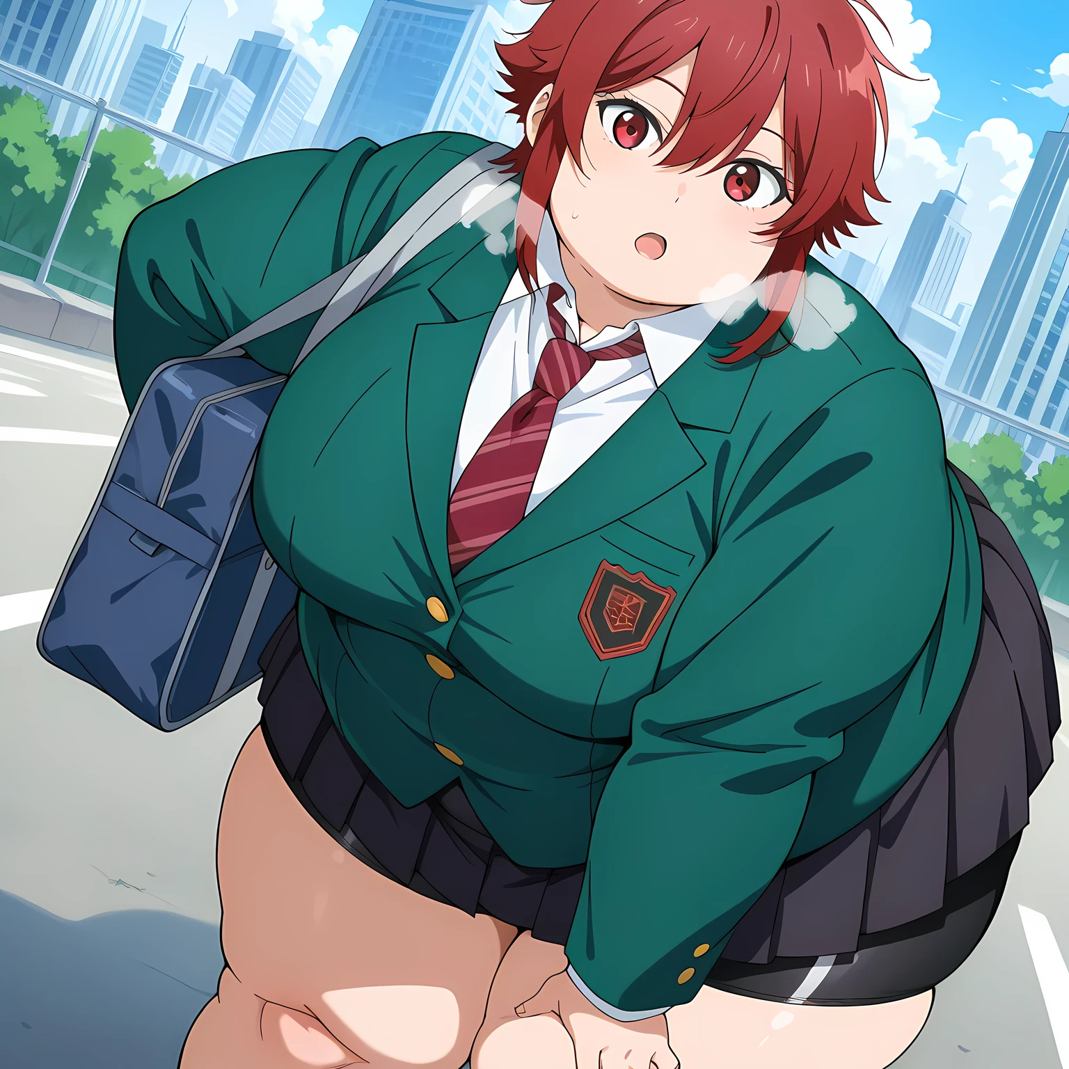 score_9, score_8_up, score_7_up, source_anime,
tomoaizawa, tomo aizawa, short hair, red eyes, hair between eyes, red hair,
skirt, shirt, school uniform, jacket, white shirt, pleated skirt, necktie, striped, black skirt, blazer, red necktie, school bag, green jacket, striped necktie, green blazer, bike shorts,
outdoors, cityscape, bent over,
looking at viewer, dutch angle, cowboy shot, fat, chubby, obese, gigantic arms and legs, large breasts open mouth, out of breath