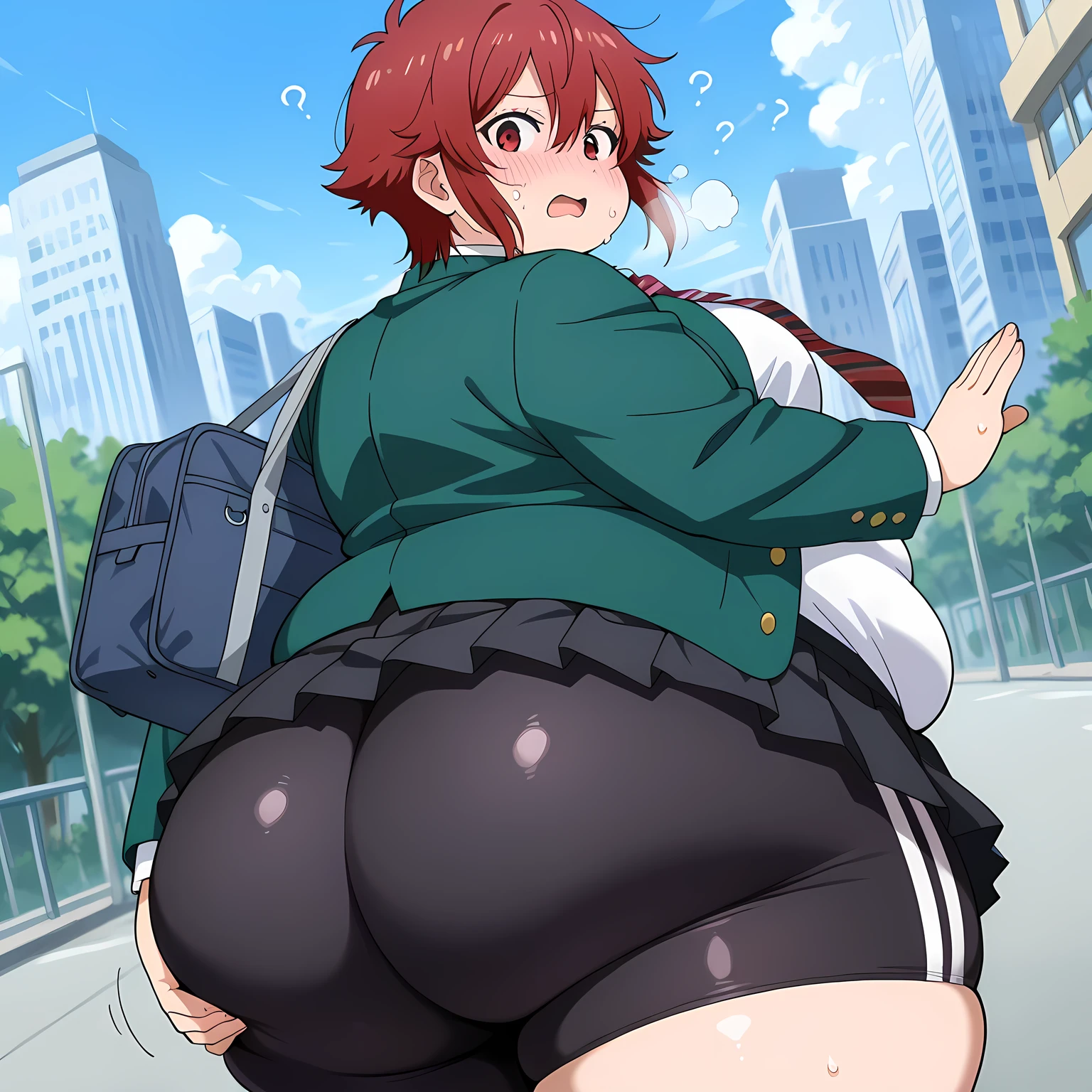 score_9, score_8_up, score_7_up, source_anime,
tomoaizawa, tomo aizawa, short hair, red eyes, hair between eyes, red hair,
skirt, shirt, school uniform, jacket, white shirt, pleated skirt, necktie, striped, black skirt, blazer, red necktie, school bag, green jacket, striped necktie, green blazer, bike shorts,
outdoors, cityscape, fighting stance,
looking at viewer, dutch angle, cowboy shot, huge ass, fat, chubby, obese, open mouth, out of breath, absurdres, highres icon, rating:General, confused, blush,, {flustered}, nervous sweating, portrait, pov ass, hand on another's ass, averting eyes, [looking away], straight-on, from behind, swollen face, bulging belly, looking back at viewer, ass grab, masterpiece, best quality, ultra-detailed, high resolution, 8K, 