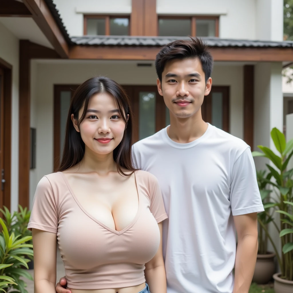 Straight couple, a young man and a woman,Wear short pants, top-quality、超A high resolution、ultra-realistic realism、realistic、RAW photography、8K images, topless, standing beside on bedroom, couple, man athletic body undercut black hair, woman huge breast straight long black hair, sexy medium body, smile, eyes on camera, korean face, korean skin, korean eyes