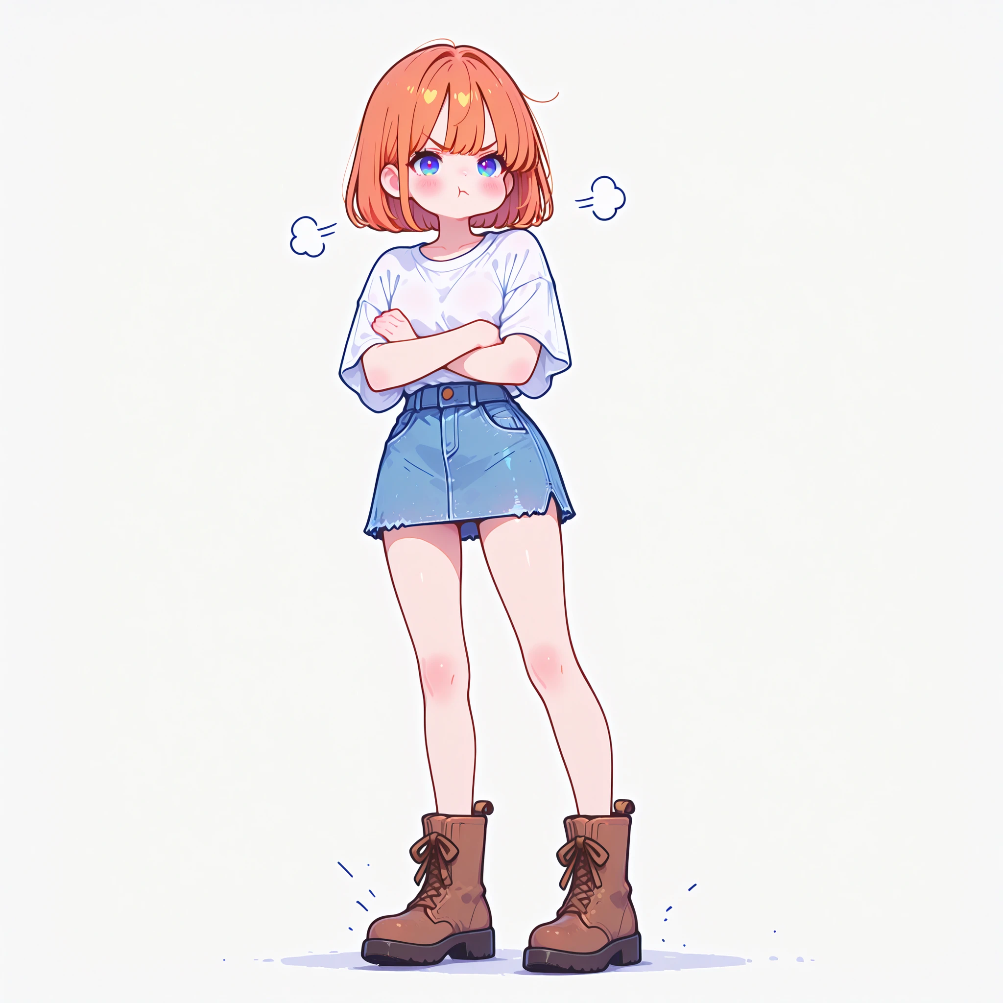bob hair, orange hair, blue eyes, white loose T-shirt, denim skirt, brown boots, masterpiece, best quality, ultra detailed, high resolution, intricate details, sharp focus, smooth shading, professional lighting, clean lineart, anatomically correct, beautifully detailed eyes, no artifacts, 1girl, full body in frame, simple white background, slightly angry, pouting, puffed cheeks, arms crossed over chest, Standing