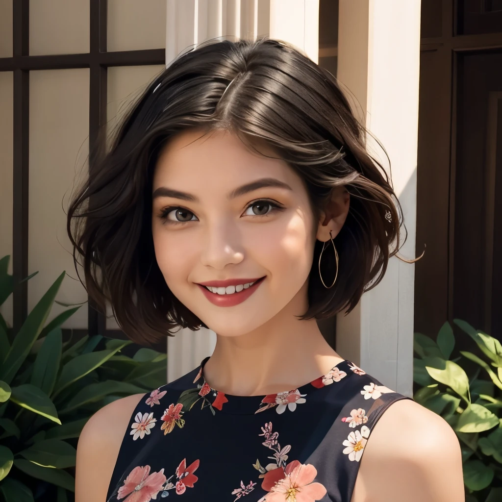 391 ((young woman)),(short hair),(floral dress),(archic smile)