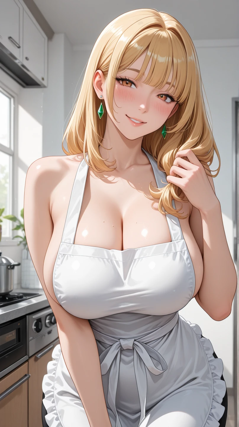 one woman, highest quality, masterpiece, big breasts, beautiful breasts, Super beautiful woman, beautiful eyes, Upper body, 2D, standing position, cleavage, perfect eyes, anime characters, smile, open your mouth, silver hair, Forehead visible, naked apron, kitchen, mature woman, Slut,