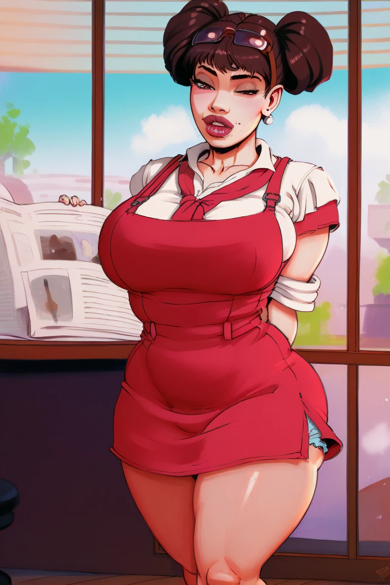 ((body sweat, mature lady, brown hair, blue eyes, big breasts, big breasts, short hair)) pixar mom, attractive woman, mature woman, ultra high detail, erotic, looking into the camera, big breasts, thick lips, big hip, big cleavage, red heels, red skirt, checkered stockings, apron, marked abdomen, sweaty face, camera focused on the face, red dress
