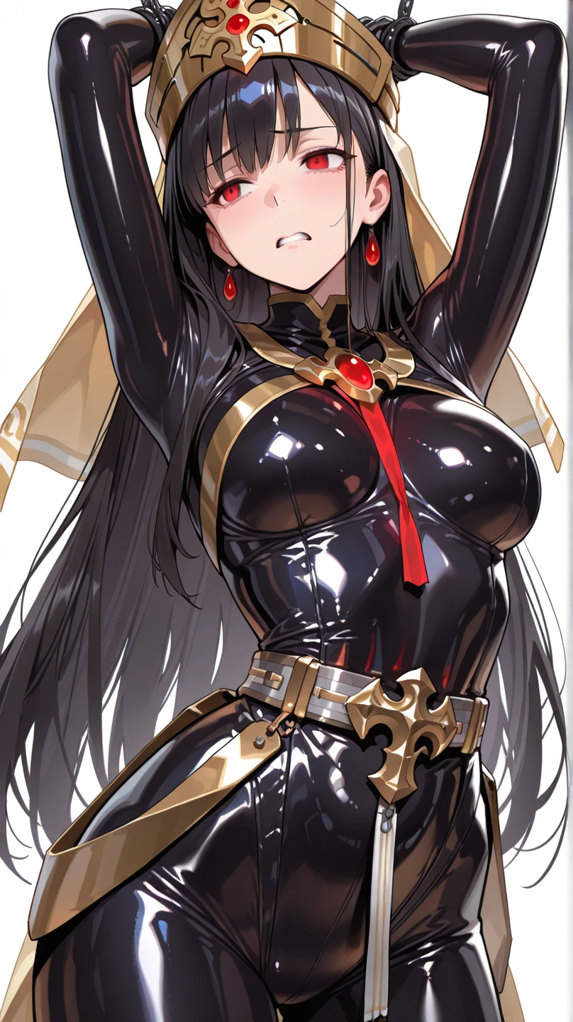 Upper Body, 1 Female, grayish-black hair, Long Hair, Red eyes, ((dark Knight)), Black Cape, Large Breasts, wallpaper, Chain Background, Particles of light, ((masterpiece)), ((Highest quality)), ((Highest quality)), Pale skin, alone, Long black sword