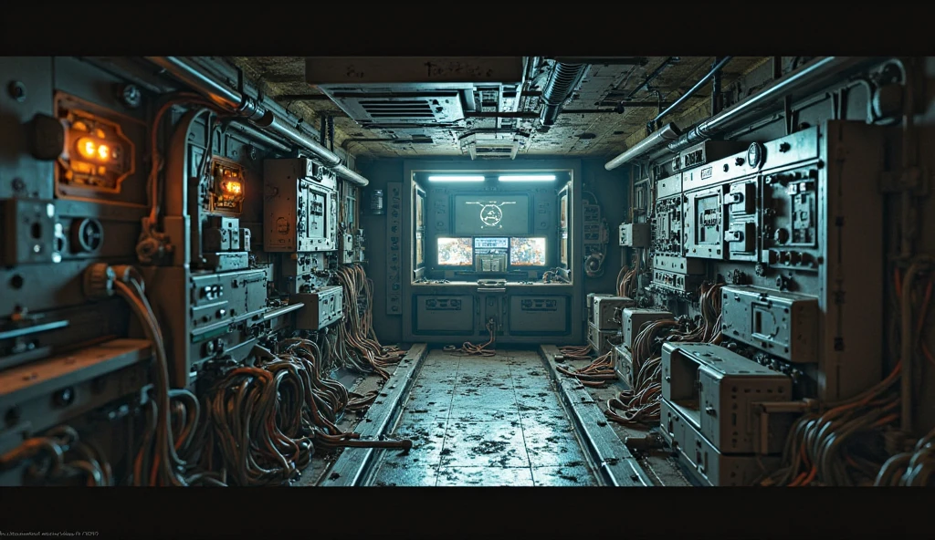 there are many old electronics in a room with a wooden floor, artstation hq”, matte painting of steam machines, sci fi engine room living room, secret underground lab, unreal engine. retro film still, small chamber. hyperrealistic, old experimentation cabinet, set in bank vault room, rendered in unreal engine”, dieselpunk setting, underground lab