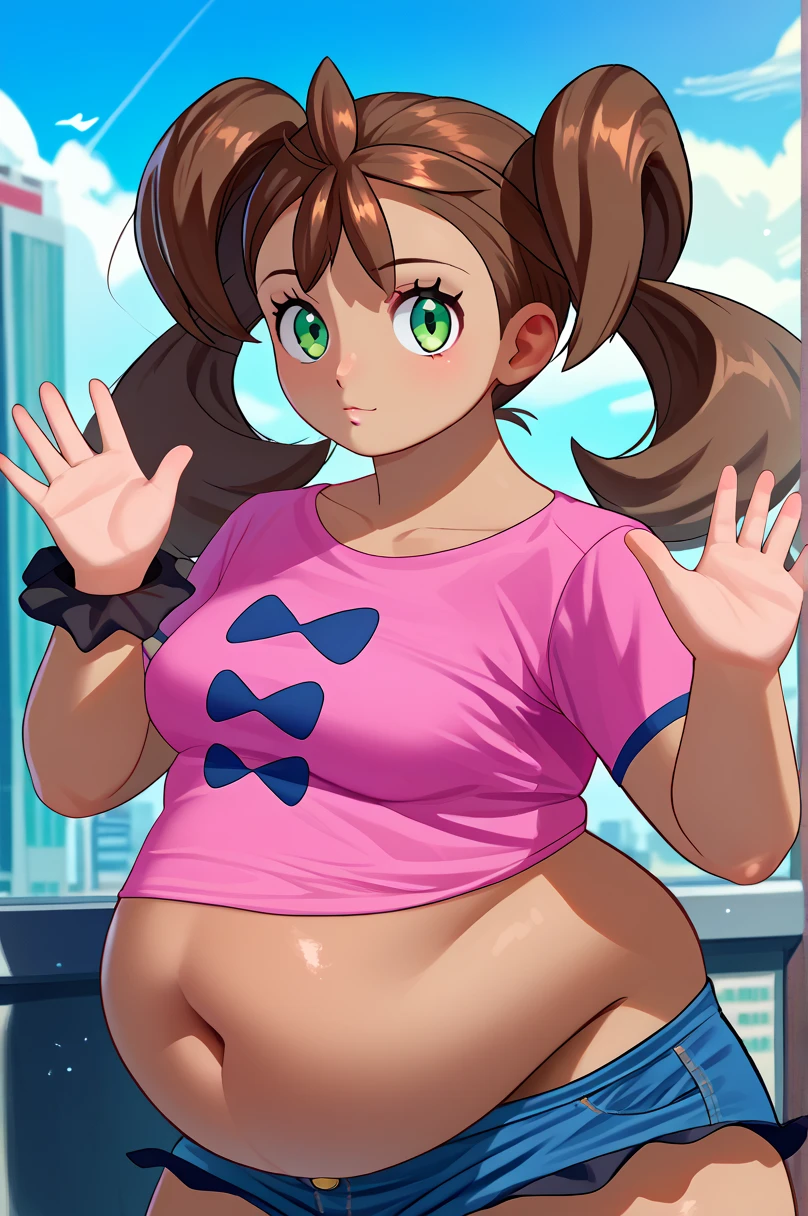 (masterpiece:1.4), ((best quality)), (detailed), absurdres, 4k, global illumination, shauna \(pokemon\), solo, gigantic breasts, pink shirt, short sleeves, denim shorts, green eyes, wrist scrunchie, :d, teeth, looking at viewer, outdoors, city, cowboy shot, pose, ((underboob)), thick thighs