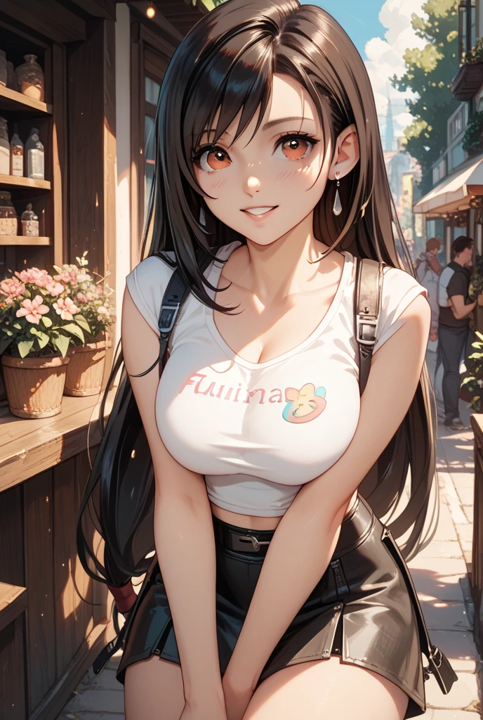 Brown Long Hair, Touching the chest, Short Pants, laughing, 20-year-old, Cafe, Big Breast, Sunglasses on head, City