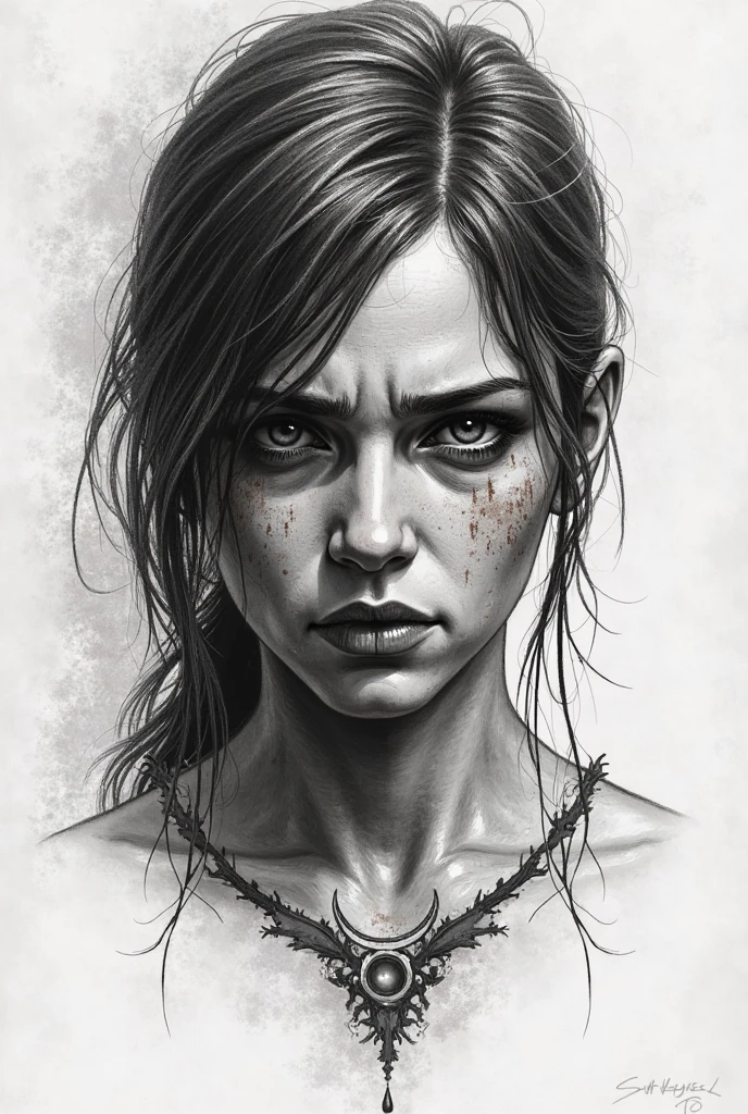 t-shirt design, 2D illustration, centered art, black background, face of EllieThe Last Of Us Game, gothic colors, mood of tension and terror, Adobe Illustration, Trending on Artstation, 8K, hd, masterpiece, gorgeous art, intricate details , -