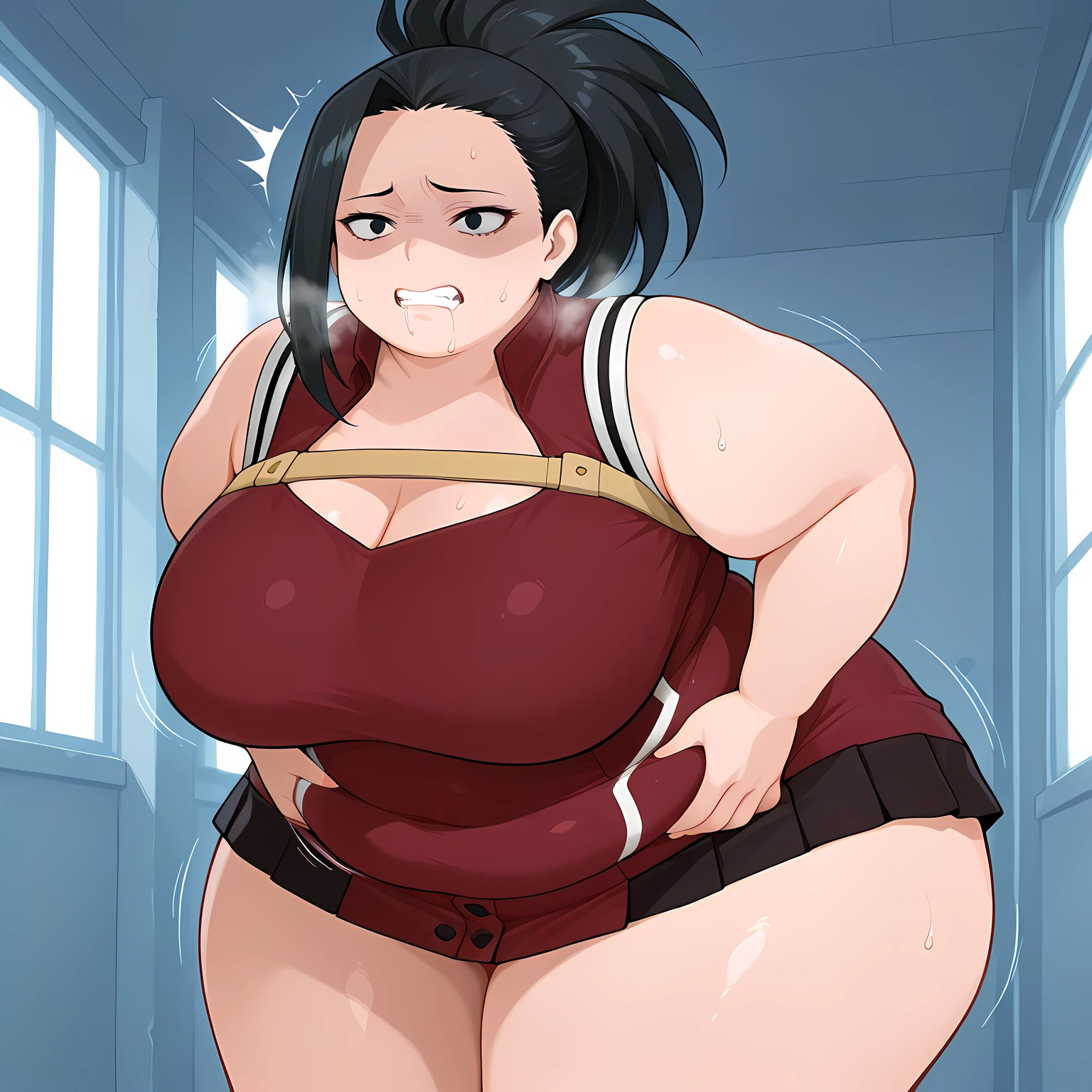 amazing quality,very aesthetic,absurdres,best quality,newest,masterpiece,4k resolution, absurdres, highres, detailed background, 
 1girl,  solo, hand on own stomach, sweat,  leaning forward, nervous,  , Yaoyorozu momo, Black hair, black eyes,  drooling, scared, clenched teeth, heavy breathing, fat, chubby, obese, gigantic arms and legs, large breasts open mouth, out of breath