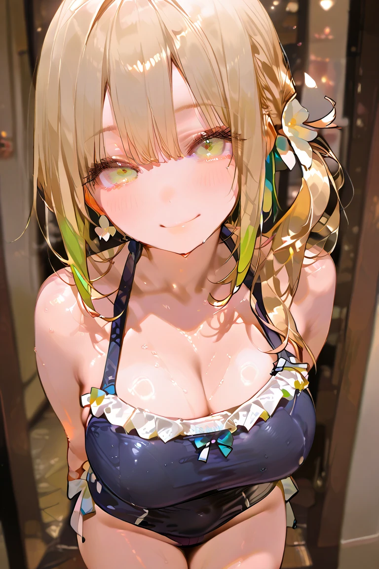 (Best quality, 8k, 32k, Masterpiece, UHD,:1.2),RAW, 1girl ,ultra cute , natural lighting,transparent shining eyes, 20yo,medium breast ,fair complexion ,flushed face,dynamic Lighting,​ Beautiful and detailed sky, Detailed face, night, sitting, Dating, (blush), (Smile: 1.1), (Residence), Large Breasts, Beautiful and delicate eyes, Untie the vanadium, (Collared shirt: 1.1), bow tie, Pleated Skirt, (short hair: 1.2), flowing hair, Long eyelashes, Eyeshadow, Small face, big eyes, full-body shot, Bare shoulders, indoor, floor