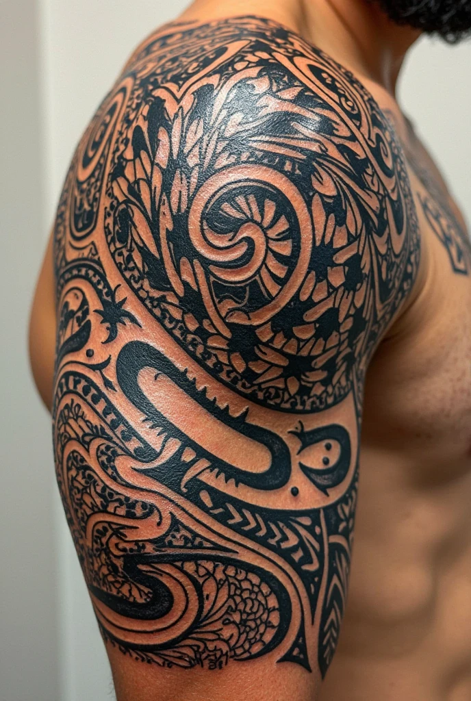 a detailed back tattoo, intricate tribal tattoo design, tattoo on muscular back, black and grey tattoo, large back tattoo, detailed linework tattoo, photorealistic tattoo, hyper realistic tattoo, beautiful tattoo art, highly detailed tattoo, incredible tattoo, stunning tattoo, (best quality,4k,8k,highres,masterpiece:1.2),ultra-detailed,(realistic,photorealistic,photo-realistic:1.37)