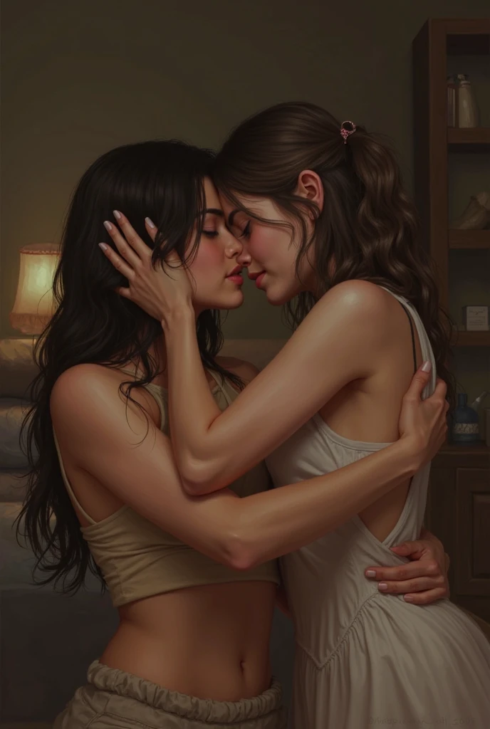 A beautiful woman with long silky hair, erotic intimate encounter, passionate lovemaking, sensual back view, toned athletic figures, seamless skin, intense eye contact, lustful expressions, soft gentle lighting, romantic atmosphere, hyper-realistic, cinematic, masterpiece, 8K, HDR, photorealistic, stunning detailed rendering