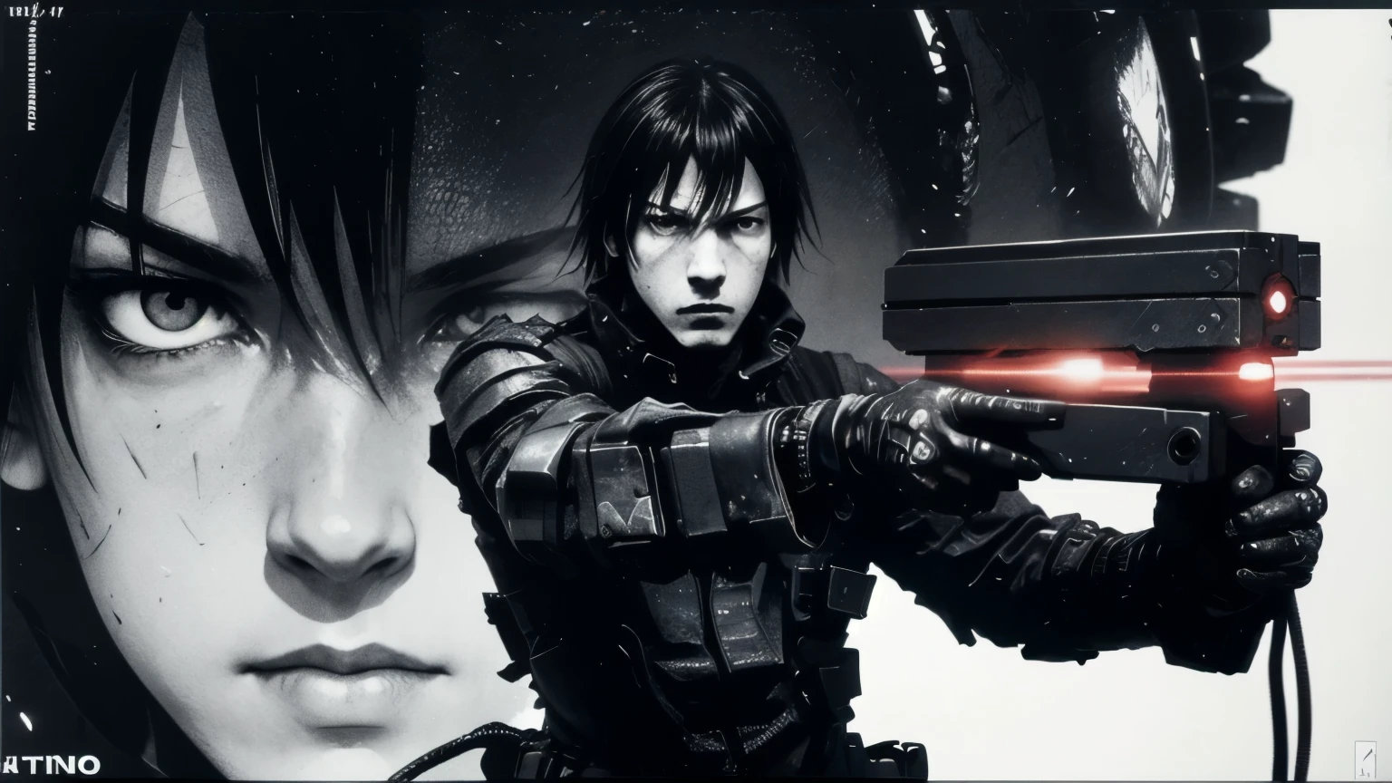 medium shot, 35mm lens,upper body,solo,blame, tsutomu nihei, by tsutomu nihei,movie, killy, cibo, GBE,1boy, killy, ova, short hair, black hair,a lone male cyberpunk warrior, (aiming a high-tech handgun:1.2), he stands amidst the ruins of mechanized structures,wearing modular black tactical armor with segmented plates, utility belts, pouches, and cables, high-detail textures, holding a compact futuristic handgun with red accents, short messy black hair, pale skin, emotionless and stoic expression, manga-style facial features, sharp eyes, realistic anatomical proportions, inspired by Tsutomu Nihei's BLAME!, ultra-detailed illustration, monochrome palette with red highlights, cinematic lighting, high contrast shadows, ink-style rendering