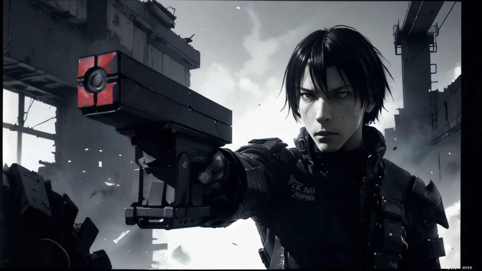 medium shot, 35mm lens,upper body,solo,blame, tsutomu nihei, by tsutomu nihei,movie, killy, cibo, GBE,1boy, killy, ova, short hair, black hair,a lone male cyberpunk warrior, (aiming a high-tech handgun:1.2), he stands amidst the ruins of mechanized structures,wearing modular black tactical armor with segmented plates, utility belts, pouches, and cables, high-detail textures, holding a compact futuristic handgun with red accents, short messy black hair, pale skin, emotionless and stoic expression, manga-style facial features, sharp eyes, realistic anatomical proportions, inspired by Tsutomu Nihei's BLAME!, ultra-detailed illustration, monochrome palette with red highlights, cinematic lighting, high contrast shadows, ink-style rendering