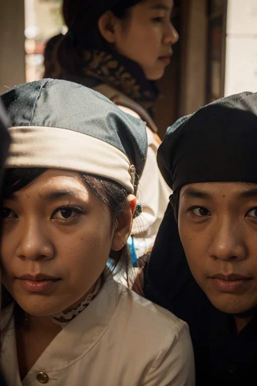 A beautiful Asian girl with white skin wearing a long black hijab had both her arms hung up With rope And hanged by several old men so that she looked very tormented and Fatigue, Make the old men look near the girl, and make your picture