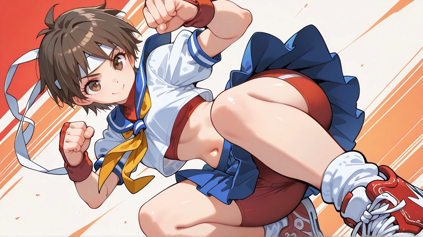 masterpiece, Highest quality,  High resolution,  1girl, 独奏, Sakura MS,  kasugano sakura, milf, shiny, oily skin, Brown eyes, Brown Hair, short hair, bangs, Ahoge, head band, , Puffy sleeves, Crop top, neckerchief, midriff, (((ultra short skirt))), Fingerless gloves, Thighs Thighs Thighs, (thick thighs, voluptuous thighs, ample thighs), Very detailed, More detailed,Proper body balance,Ultra-high quality output images,High resolution,Intricate details,Very delicate and beautiful hair, simple background, Embarrassed look, Bare legs, [[nsfw]],