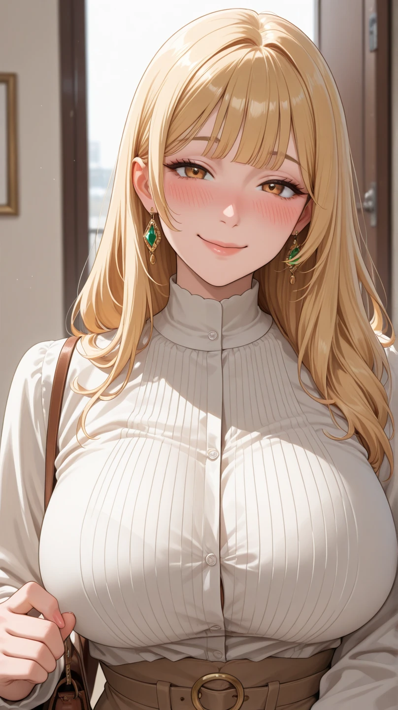 (High quality, High resolution, Fine details), Terrace, off-the-shoulder sweater, mini-skirt, solo, curvy adult women, light brown hair, sparkling eyes, (Detailed eyes:1.2), Natural Makeup, smile, blush, Sweat, Oily skin, Soft tones, shallow depth of field