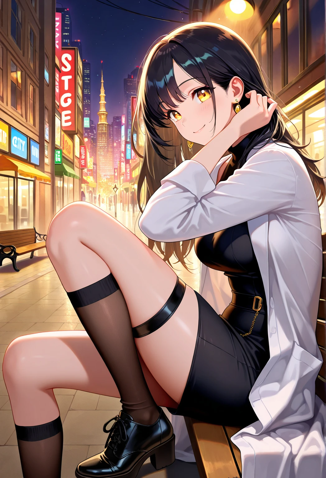 Girl with tan skin and a nice thick figure  and dark hair thats wavy  sitting down by window in the city under the stars smiling with a black dress on