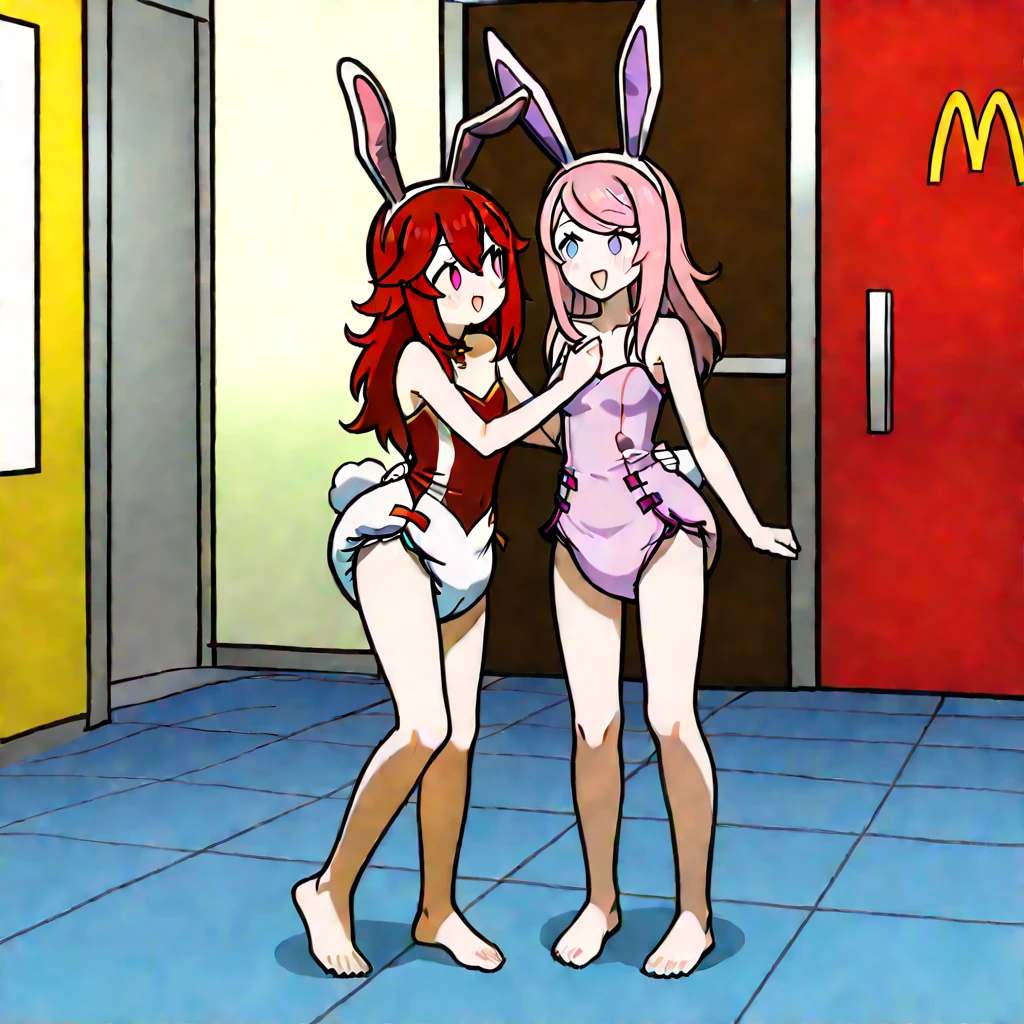 (((1girl, solo, Orihime, Orihime Inoue, bleach, (Orange hair, Orange eyes, long hair, rabbit ears, White skin), lipstick, fitness)), sensual pose, Beautiful, diamond necklace)), ((solo, 1woman, pink lipstick, Extremely detailed, ambient soft lighting, 4k, perfect eyes, a perfect face, perfect lighting, a 1girl)), austere, ((fitness,, shapely body, athletic body, toned body)), (( pink apron, just wearing an apron, naked, kitchen, household utensils, pans, pots, shelves, counter, sink, bracelets, elegant decor, sexy ))