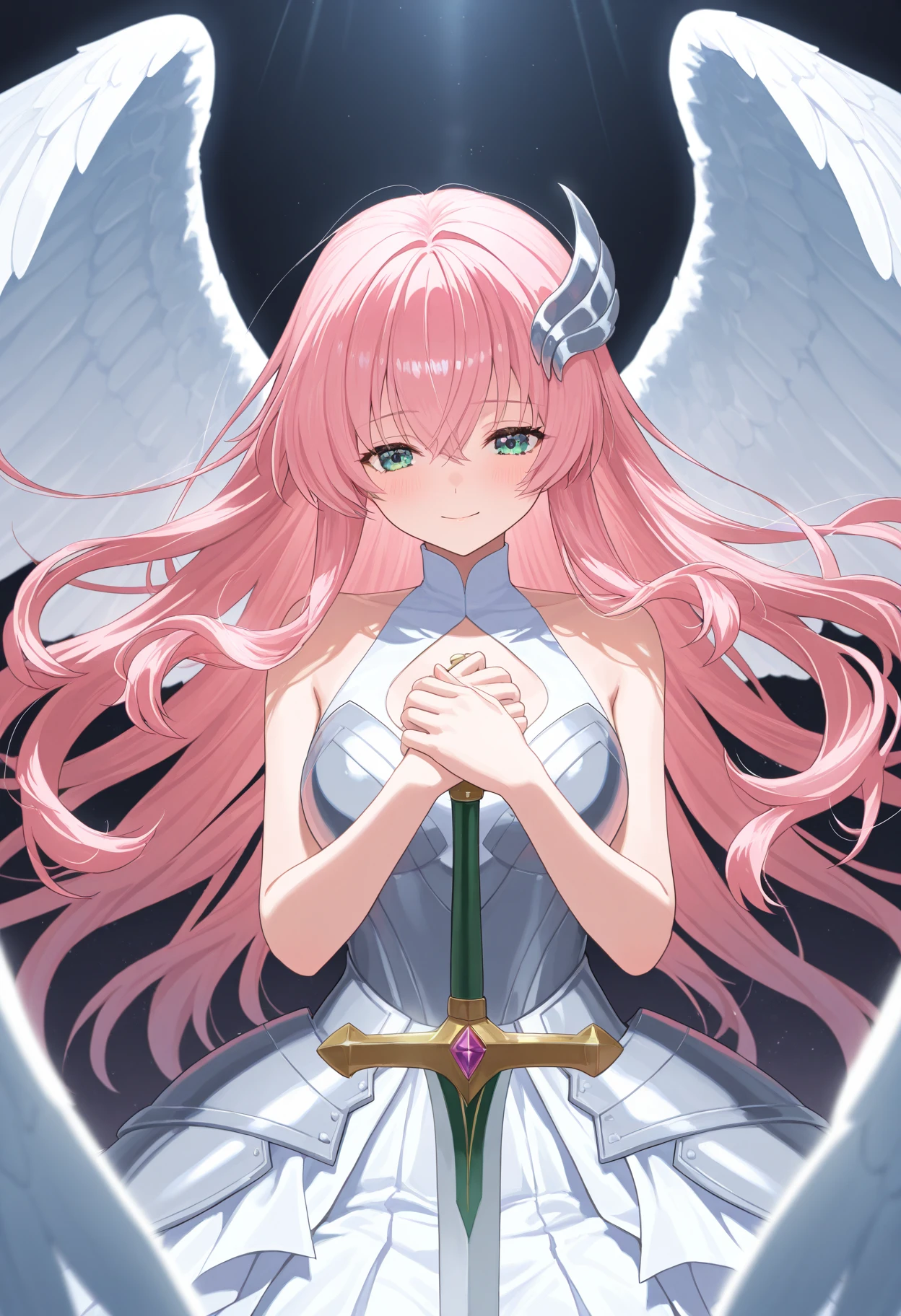 ((Highest quality)),(Ultra-high resolution),(Very detailed),(Detailed Description),((The best CG)),(masterpiece),Highly detailed art,Amazing drawing art,(Art with precise details:1.5), (Female angel:1.4),One girl, lillia, One Girl、Pink long hair、blue eyes、White dress with black lace、large pink ribbon on the chest, 聞こえるRoar, In the Dark, Shaking, The earth cracks, Standing posture, justice, Legendary, Anatomy, Roar, Extreme Speed,