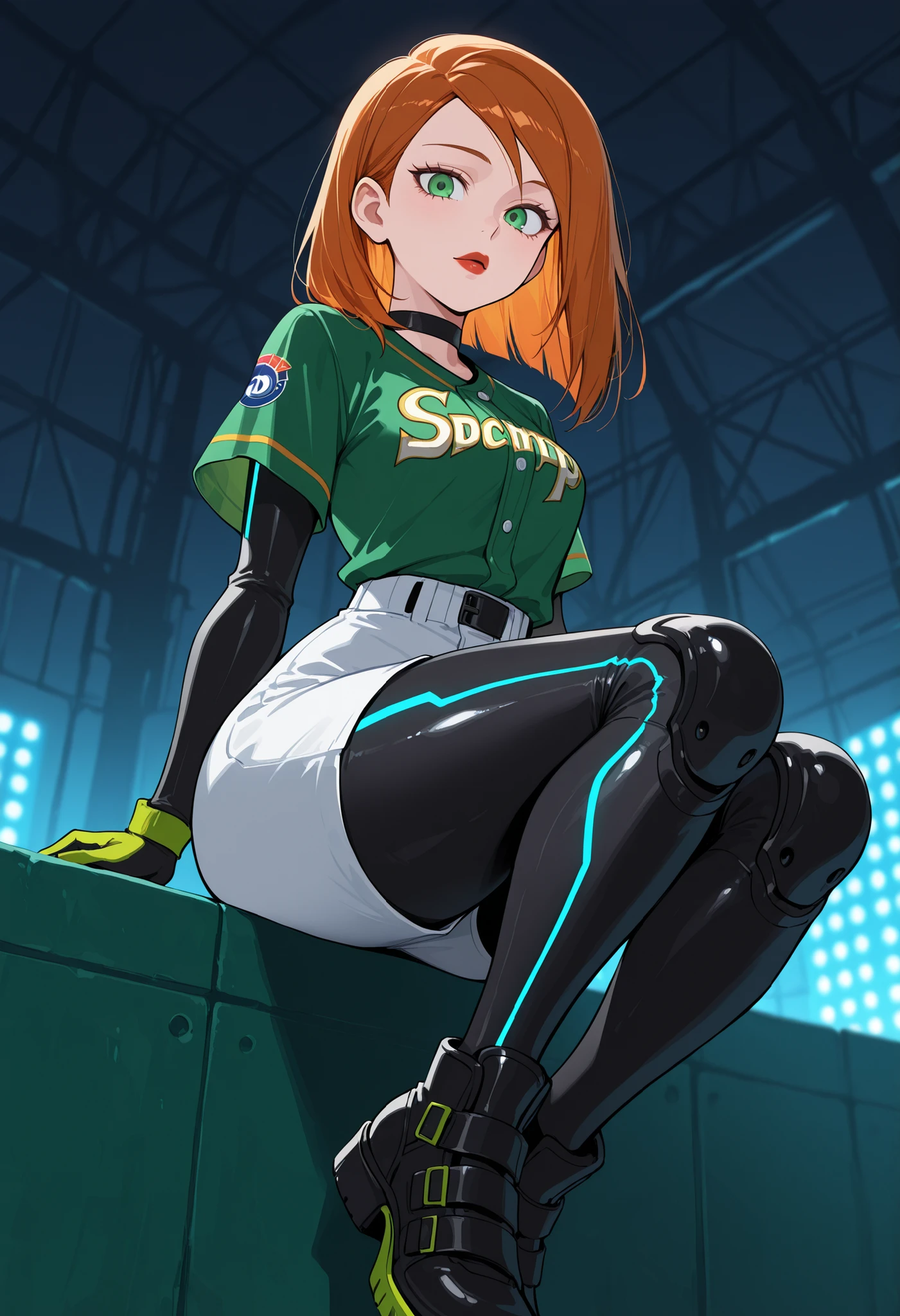nsfw,(super fine illustration,8K CG wallpaper,best quality,extremely detailed,ultra high res,best aesthetic),(cowboy shot,from front),idolmaster, {{{hina araki}}}, (20yo, beautiful girl), (beautiful brown eyes),((beautiful orange hair)), ((short hair)), (((green rim glasses))), (wet hair), (wet skin), ((sweat)), ((steam)), (flat chests,large breasts), (tall), (slender), (((green and white cyber suit))), ((open clothes)), ((pubic orange hair:1.5)), ((on stage)), ((((spread legs)))),((spread pussy:1.3)),(open mouths), (a big smile), ((stick out tongue)),(feel good), (one eye closed),(blush),(singing),((have a microphone)),((headset)),(cum on body:1.1),