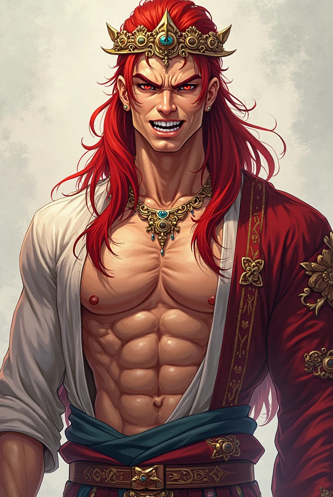 male character, long, dark red hair tied up like a samurai bun, beard of the same color, Brown eyes, muscled body. Wears a red animal skin cape, has two horns, big left side horn, right horn a little smaller. anime dash