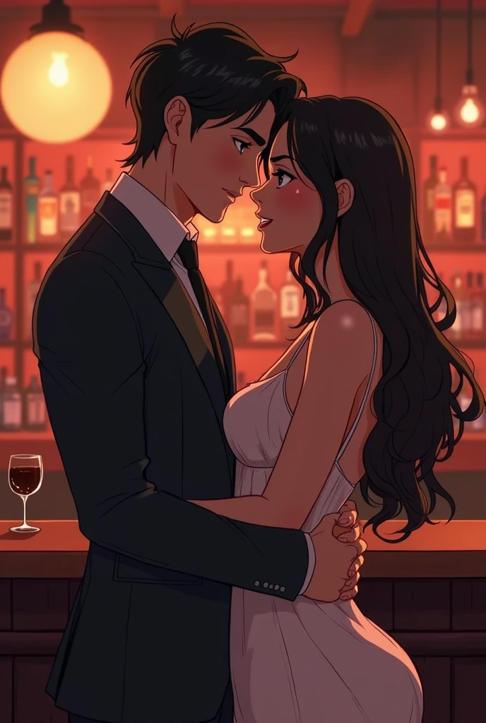 A woman in a red dress (long black hair, pretty,) at a bar, kissing a man in black short sleeves (side split, high cold).
