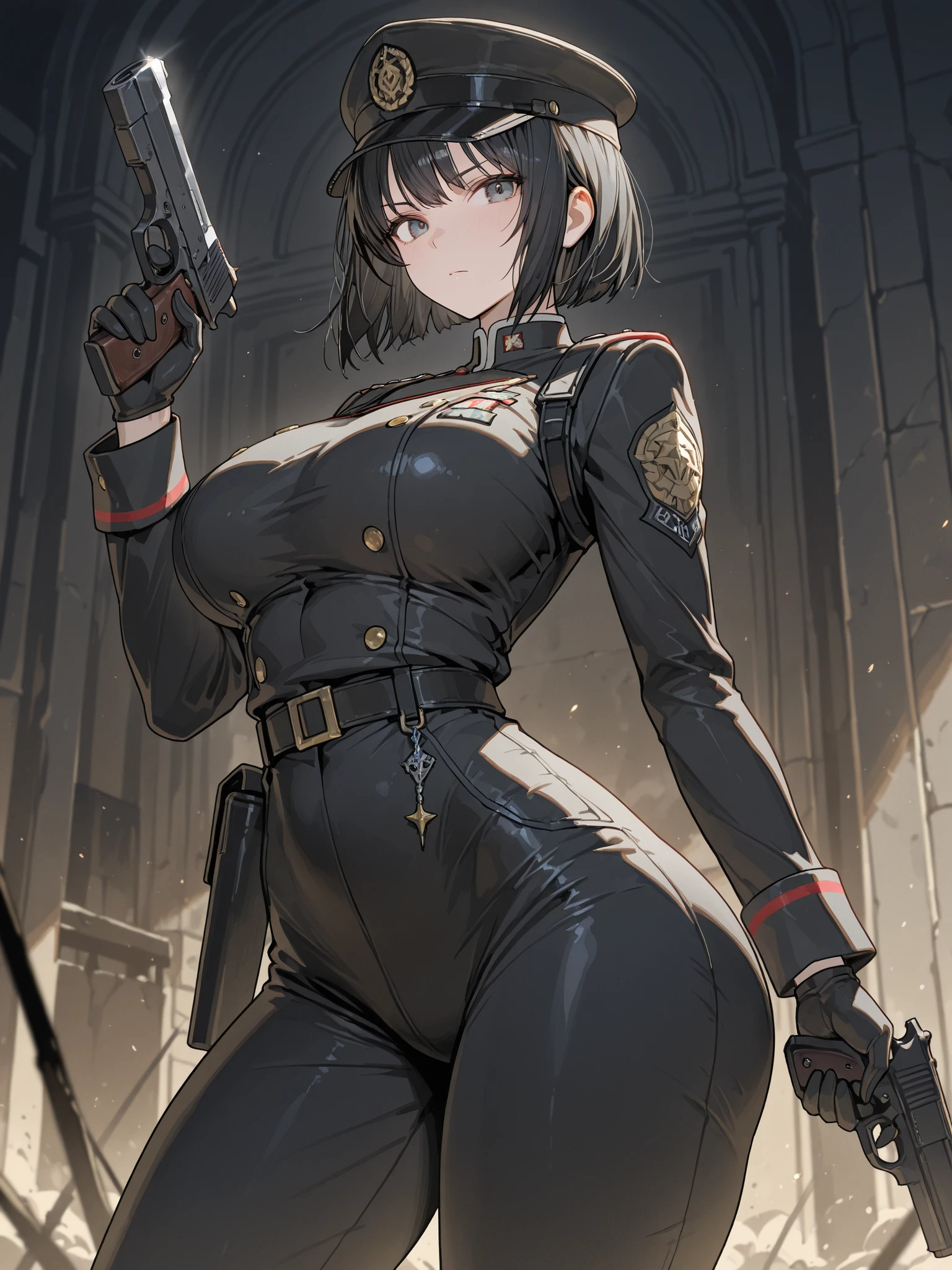 (Maximum resolution, distinct_image) High Quality, Woman, Masterpiece, Perfect Beauty, High Detail, Frontal, Vertical, Semi-Realistic, Silver Mesh, Short Hair, Silver Mesh Hair, Bangs, 21 Years old, Mature, Young, Military Uniform, Polite Clothing, Black Uniform, Black Hat, First Courtesy, Looking at the Viewer with Cold Eyes, Low Angle Accompanying Mechanized Soldier Holding Weapon Behind, Blush, Third Size Chest, Large pelvis and hips, sexy stance