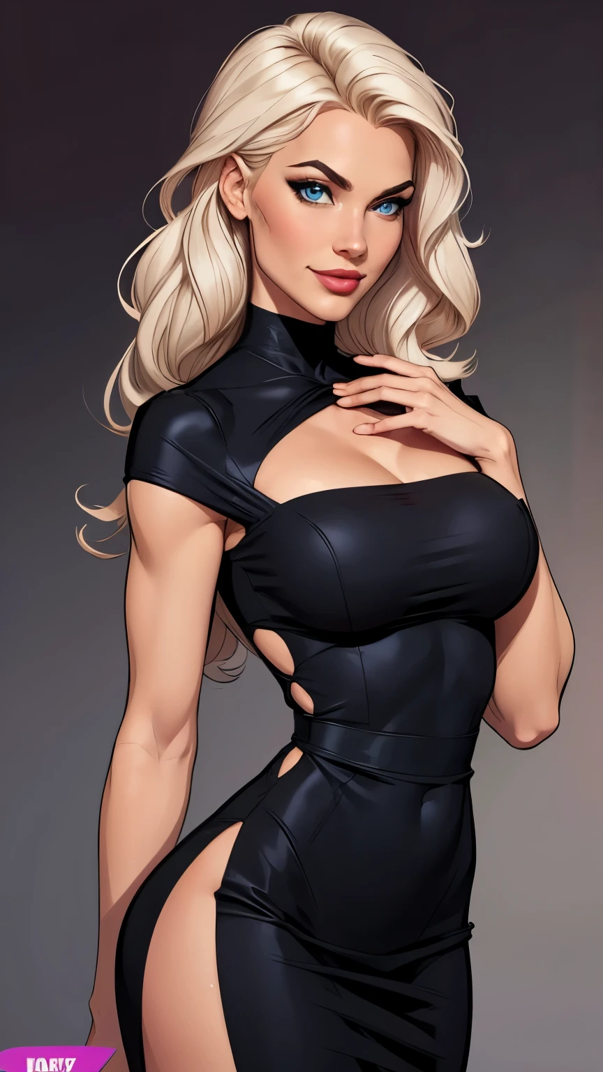 wavy silver hair that cascades to the middle of her back. Brown eyes. Slim and athletic build. She was wearing a black jeans. black military vest and low-cut white blouse. Weapon in a left arm. Very Busty. Comic style, marvel style