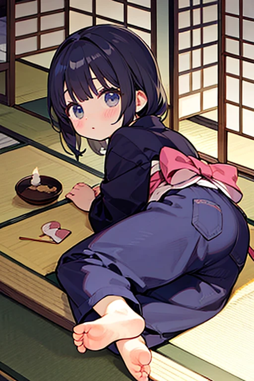 ((((1 girl)))), (loli), (Loli with a very young face), (flat chest), (13-year-old), (beautiful slender body), long hair, Black hair, blue eyes, (((Blue sailor school uniform))), blue white panties, ((((horizontal striped panties)))), lift skirt with 1 hand , massive ass, Turn around and look back, Sit on the chair, grin, an evil chuckle, a mischievous smile, fart, onara, fart, farting, big fart, Fart from the ass, Farting non-stop, Yellow smoke, Yellow smoke rising, Eating Yakiniku with chopsticks, Japanese Yakiniku Restaurant, Crowded, ((Blurry background with deep yellow fog))