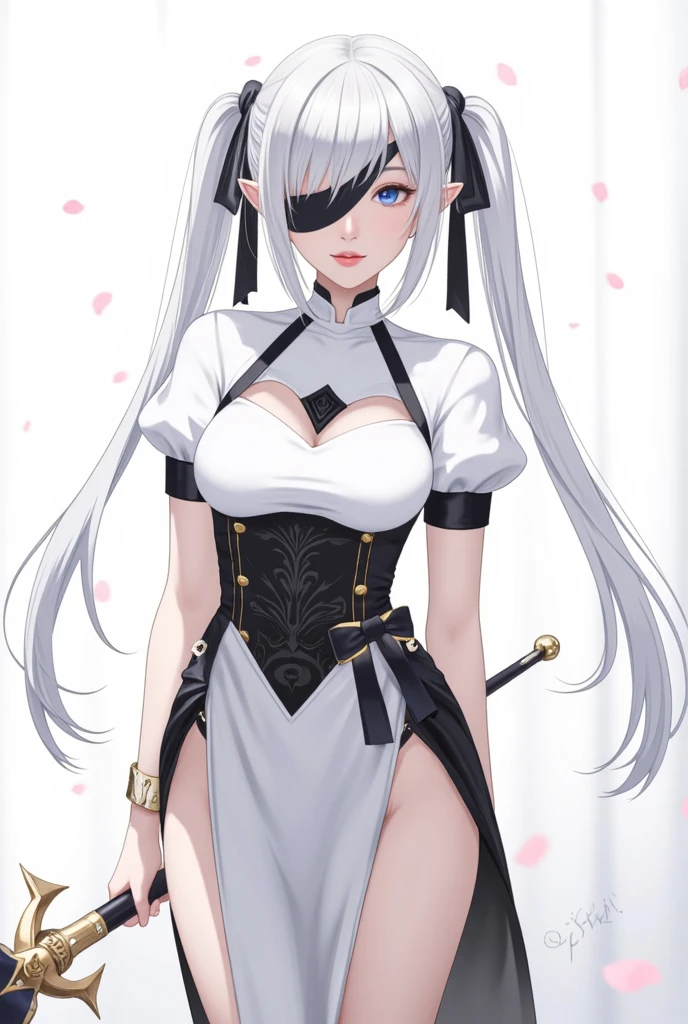 (absurdres, 8k, 4k, masterpiece, hyper extreme detailed:1.2), solo, front view portrait, best quality, portrait, solo, adult, cowboyshot, perfect ???????, 1girl, perfect face, expressive eyes, perfect eyes, tomboy, white hair, long skirt, swept bangs, full body, WhiteOutfit, flower over eye, long hair, white hair, long hair, prosthetic arm, red eyes, black ribbon, zero, Stomach cutout, white stockings, exposed shoulders, cleavage, exposed arm pit, white dress, side cape, flower in eye, hands on hips, hallway background