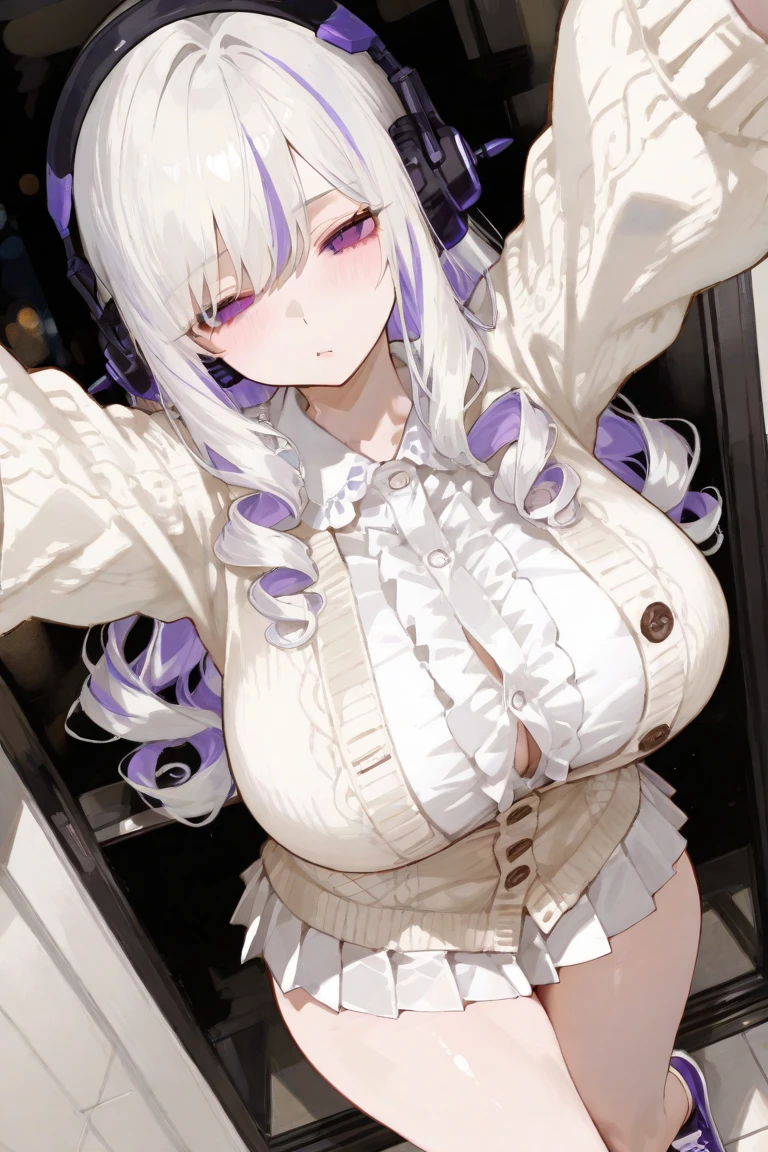 1girl, human, pale pink hair, long hair, violet eyes, XL bust, shy face, lying on a white mattress, Masterpiece, Well drawn eyes, well drawn face, well drawn hands, well drawn fingers, well detailed face