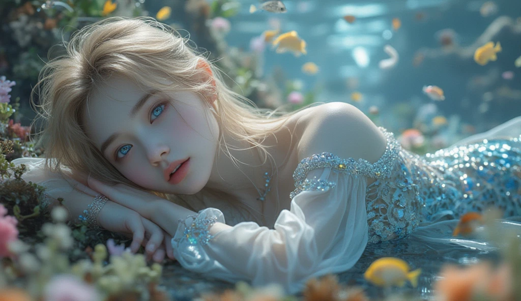 a beautiful young girl in a serene garden, detailed eyes, detailed lips, extremely detailed face and features, long eyelashes, intricate flower crown, flowing white dress, sitting by a pond, soft natural lighting, impressionistic style, muted pastel color palette, light pink, muted blue, dark grayish blue, bright blue, very dark gray, light grayish blue, masterpiece, best quality, 8k, hyper realistic, photorealistic