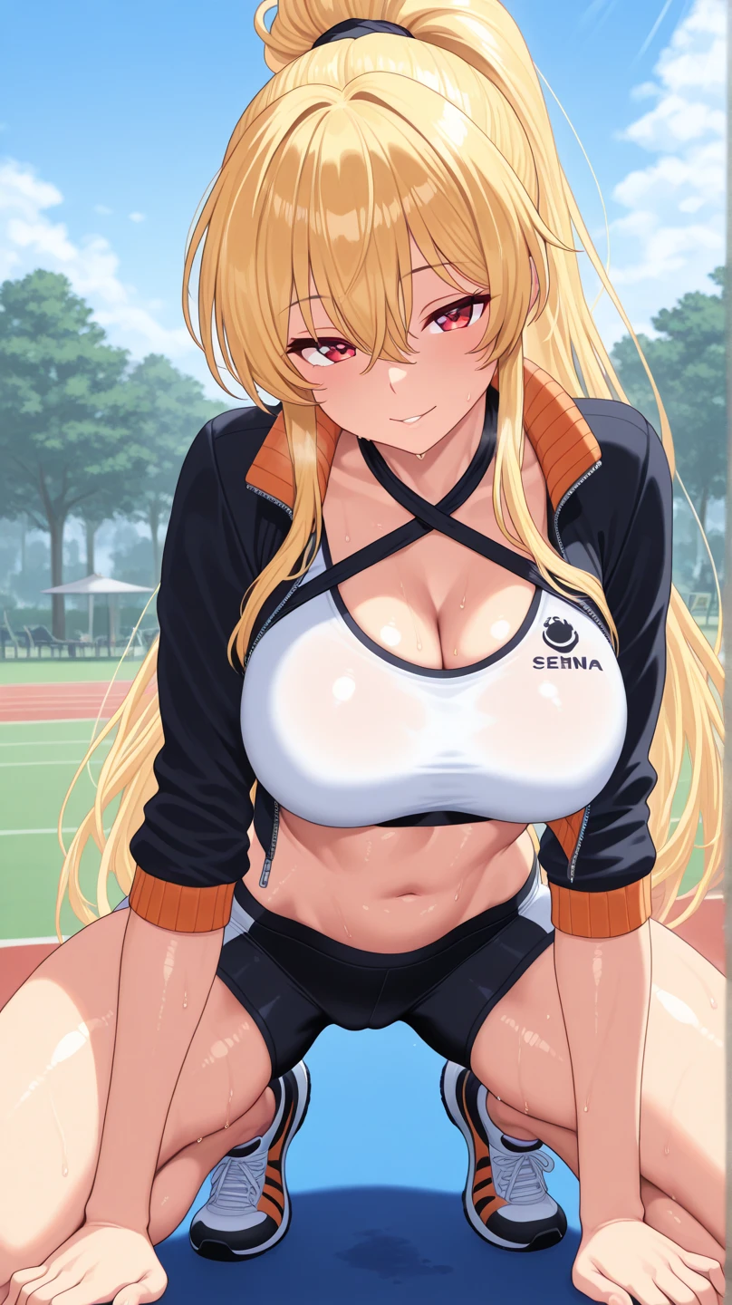 (Best quality:1.3), kitagawa, large breasts, cleavage, unzipped track jacket, yoga pants, smiling, street background