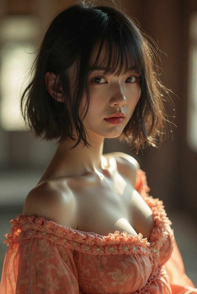 bare shoulders, detailed (((Lose))) black shirt, ideal breasts, fuck the chest, dazzlingly beautiful, by mint bob, blush, humble, park background, Half-length portrait, highly detailed. cinematic lighting, NSFW 1:27, ((perfect breasts))