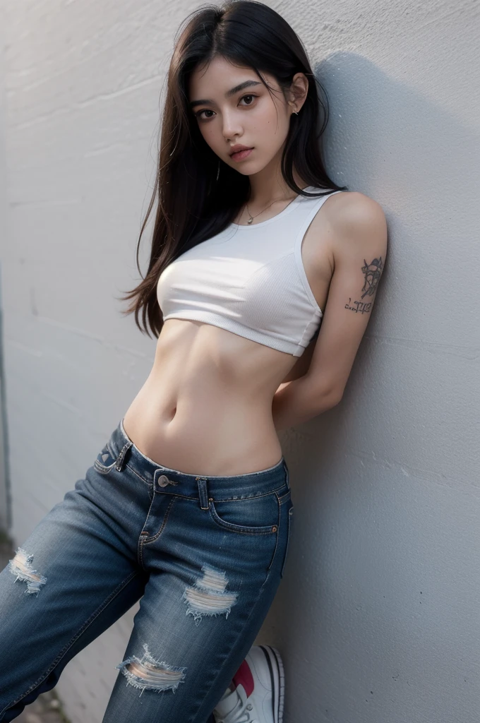 pubick hair、Underhair、Manhair、Smaller chest、Underhair、pubick hair、teats((Daytime、Real Light、top-quality、in 8K、​masterpiece:1.3))、女の子1人、beautiful a girl:1.4、Abs 2,0、Ass 1.5、Immaculate studio、(Bright long hair、Very small breasts)、White shorts:1.2、off shoulders、hyperdetailed face、Detailed eye、二重まぶた、Full body piercing、Full body tattoo