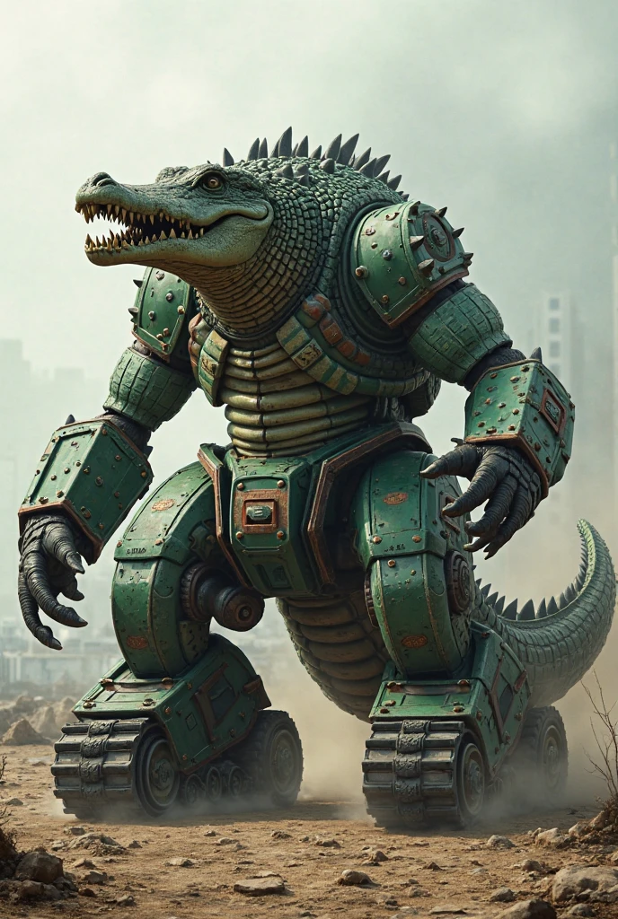 Grey and green scaled old anime lizardfolk dressed like a giant mechanical Kaiju in the downtown of an ancient Mongolian city. Cel shaded. Anime style
