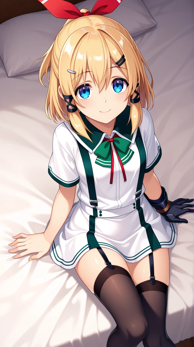 NSFW,((1 man and 1 woman,having sex)),lying down,vaginal penis,smile with open mouth,blonde, green eyes,hair above one eye,twin tails,tights, ((idol costume)), beret,ribbon,(masterpiece,Highest image quality,best quality)