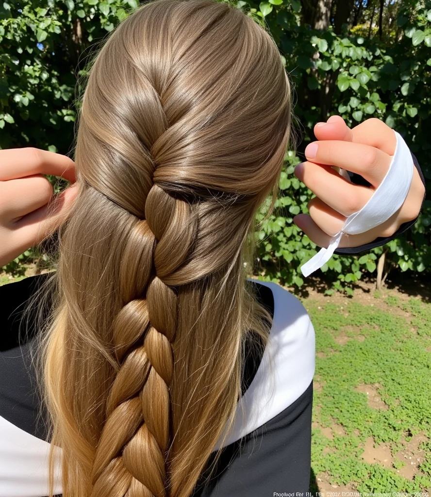 Blonde woman with long hair braided in a ponytail fixing her hair, pelo rubio largo trenzado, hands behind the back, cabello rubio extremadamente largo y grueso, pelo largo trenzado rubio, his back is towards us, enfoca su espalda, 😭🤮 💔, photo from behind, manos en su cabello, pelo largo rubio, por Anna Haifisch, tocando su ropa, vuelta de espaldas