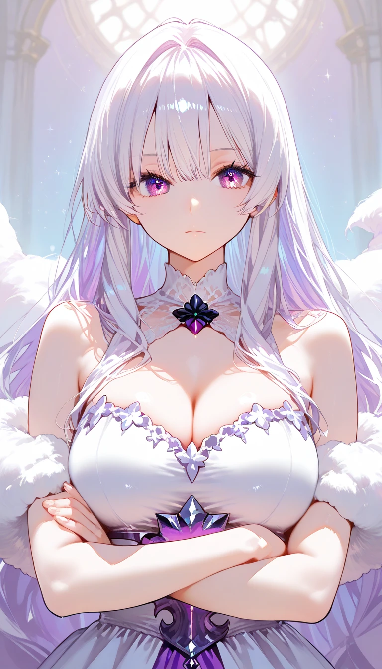 女の子1人、独奏、length hair、breastsout、looking at viewert、red blush、bangss、hair adornments、doress、hold ing、Chest cleavage、bare shoulders​、Pedras preciosas、爆乳、Too large breasts、is standing、Purple eyes、florals、white  hair、耳环、detached sleeve, wingspan, pulling the hands up, flower in hair, a necklace, robe blanche, the ring, tiarra, veils, back lighting, flower bouquet, weddingdress, purple flower, bridal veil, have a bouquet