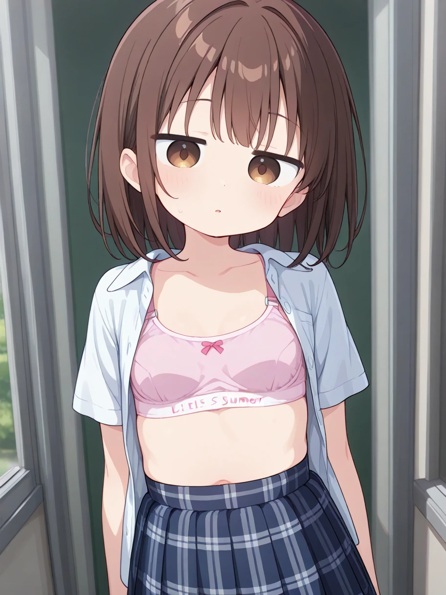 Best Quality, masutepiece, hight resolution, Solo, {Misaka Mikoto 1.15}, Brown eyes, 1girl in,short-hair、、ultra-detailliert、超hight resolution、beautifull detailed face、Constriction、(Slim waist) :1.3)、Beautiful detailed skin、Skin Texture、floated hair、profetional lighting、((white underwear top and bottom))、(((Wet underwear)))、Cotton panties、Sit on the bed、small dark room、natta