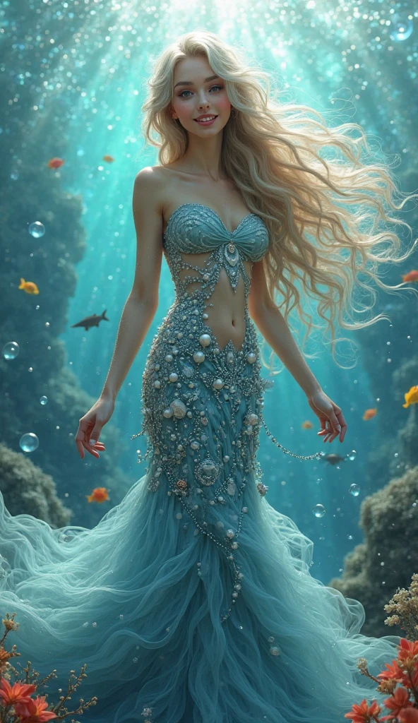 Retrato de cuerpo completo ,Una sirena nadando bajo el agua. Digital illustration, Hermoso cabello rubio largo y rostro angelical, 16k, Renderizado de ultra alta calidad,fantastical realism, Bokeh,  Ultra detallado, Antecedentes detallados