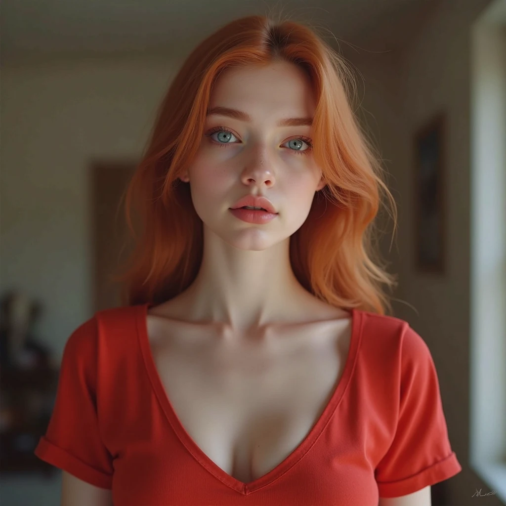 young Caucasian woman (((redhead))), (((light-colored eyes))), thin face, full lips, (red lipstick), ((basic makeup))), medium hair, seductive smile, wearing a (basic and white tank top), minimalist jewels, the ambiente is indoor (minimalist room, illuminating from the left side), film grain: 1.2