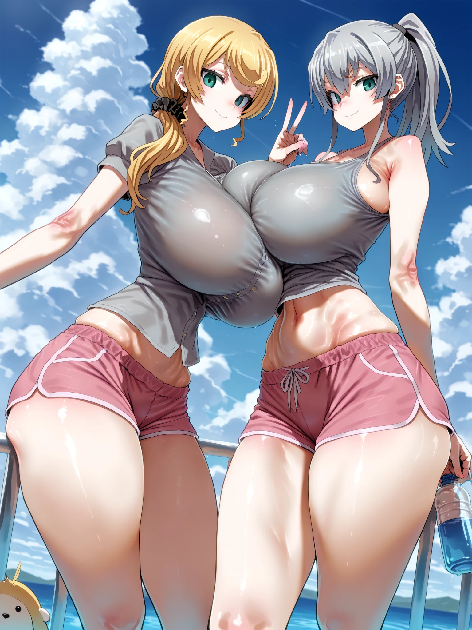 2girls, nishikigi chisato, inoue takina, lycoris recoil, couple, perfect anatomy, symmetry, sukumizu, school swimsuit, thighhighs, huge breasts, big ass, looking at viewer, shy, blush, smile, masterpiece, best quality, very aesthetic, absurdres, anime,
