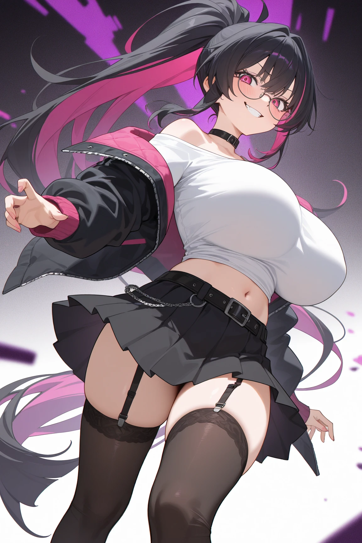 Black hair, twin tails, wavy hair、Girl、Glasses、Huge breasts、glamorous、Thick thighs、Formal Shirt、Purple short tie、(Black pleated skirt wind up:2.0、Purple low rise panties:1.5、Camel toe:1.5、Absolute area、Black knee-high socks and garter belt)、Church stained glass、Shooting from below、looking at the camera、Close up on crotch:1.5