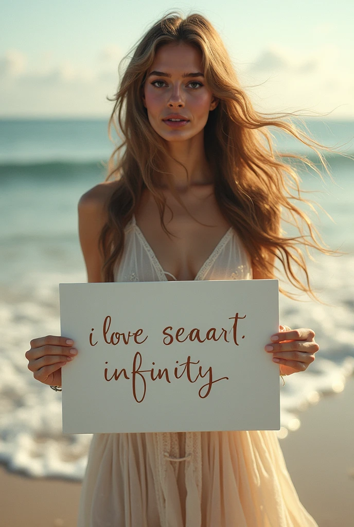 Beautiful girl with wavy long hair, bohemian dress, holding a white board with text "I Love Seaart Infinity" and showing it to the viewer