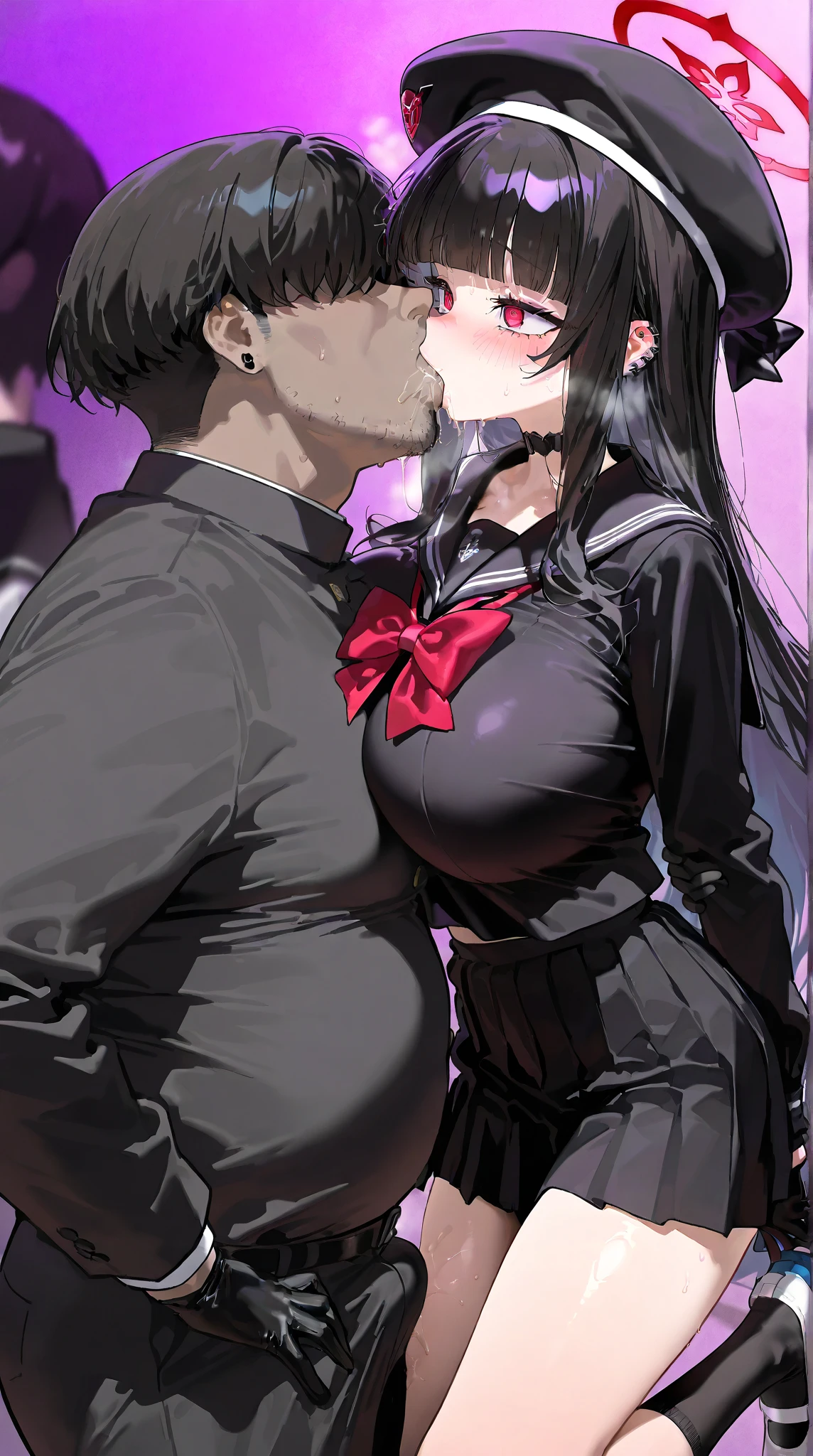 1boy,1woman,mature woman holding boy's penis,blowjob,woman,black hair,woman focus,tongue out,sweaty,bukkake on face,naughty bunny costume,at nightclub,cum,detailed skin,no bangs,sucking,suffering