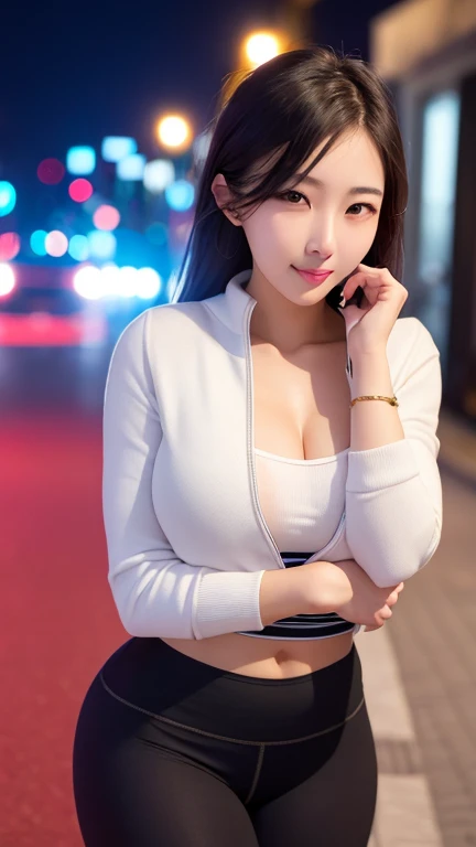 Beautiful Chinese woman, wearing a extremely tight and short silk puffer coat, photorealistic, masterpiece, open coat, , large breasts, seductive, smile, silk bra, punk hair, punk girl, sexy pose, cleavage, beautiful eyes, dyed brightly coloured hair, heavy makeup, eyeliner, gothic, emo girl, pale skin