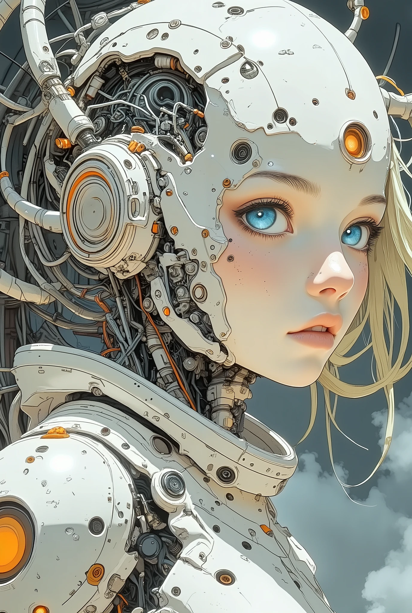 anime style、x} Closeup of a futuristic cyborg woman. she has white mechanical structure and、It combines organic elements such as facial skin and hair. Machine Elements :• Her head is covered with something like white armor, adorned with intricate wiring, small orange accents, Geometric Model. • Similar mechanical structures can be seen around the ears and neck, It exposes the internal black mechanism and orange cable. • Several white tubes extend radially from the head. organic elements:• her face is smooth, with human-like skin、has a pale pink color. • her eyes are bright light blue、Has a Serious Expression. • Her hair is a mix of white and light yellow, some of them flow through mechanical structures, and some of them stick out. overall impression : the overall image is fascinating and mysterious, combines advanced technology with human beauty. has cyberpunk and sci-fi elements. The background is blurry, and the focus is on the person.