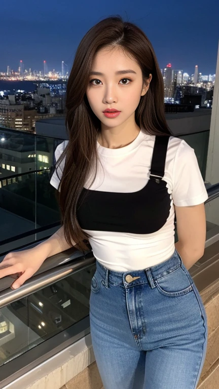 ((Midnight, Best quality, 8k, Masterpiece :1.3)), Whole body, Long legs, Sharp focus :1.2, A pretty woman with perfect figure :1.4, Slender abs :1.1, ((Dark brown hair, Big breasts :1.2)), (White tight tshirt, Jean bib, Standing:1.2), ((Night city view, Rooftop:1.3)), Highly detailed face and skin texture, Detailed eyes, Double eyelid, ballgag